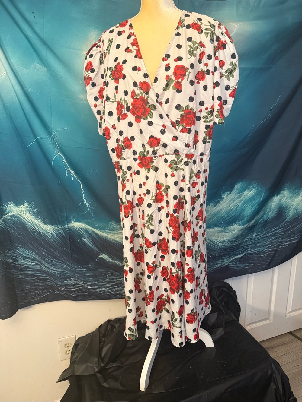 White Midi Swing Dress with Red Rose Print